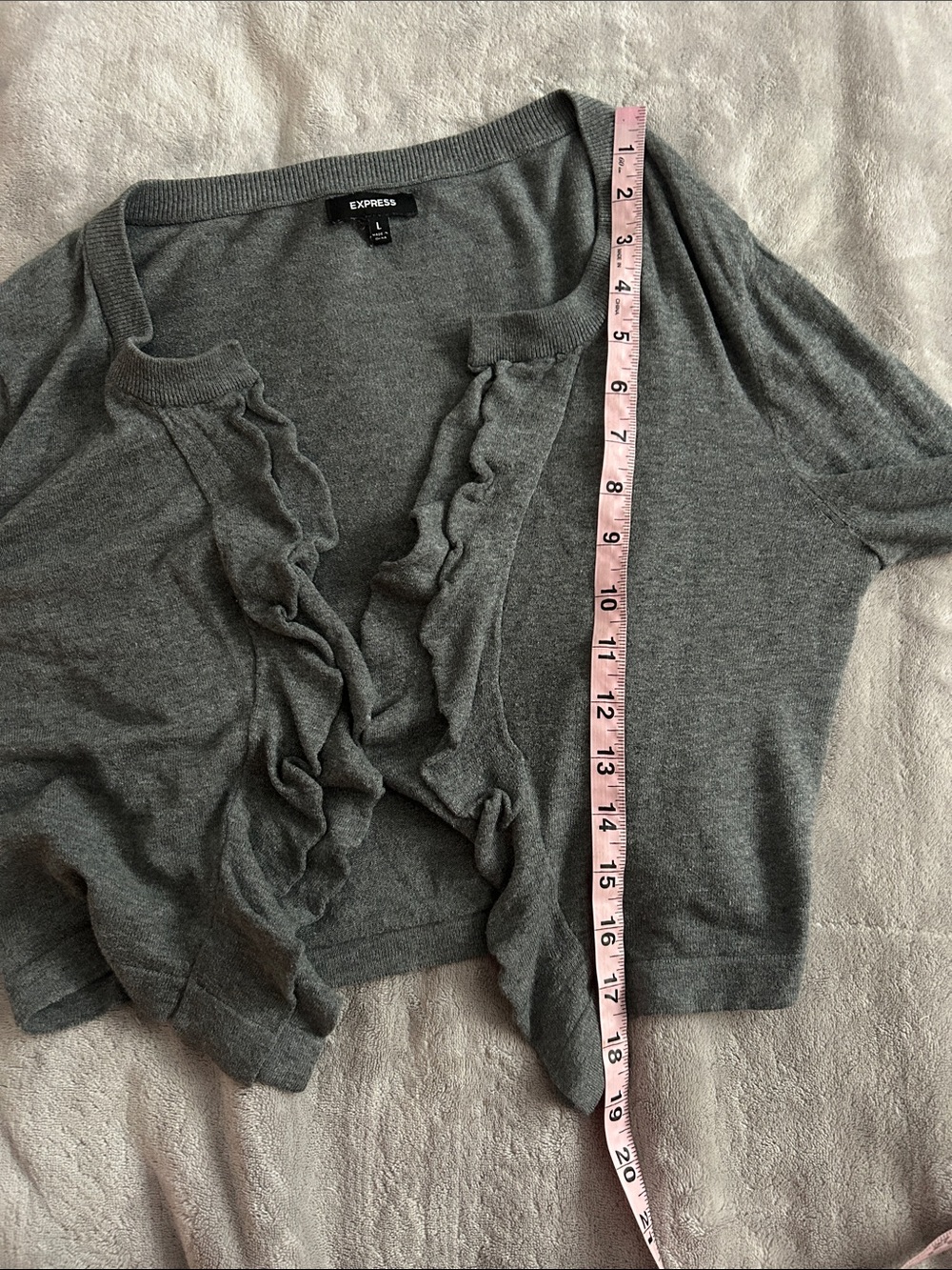 Express Gray Ruffle-Front Cardigan Sweater - Picture 8 of 9
